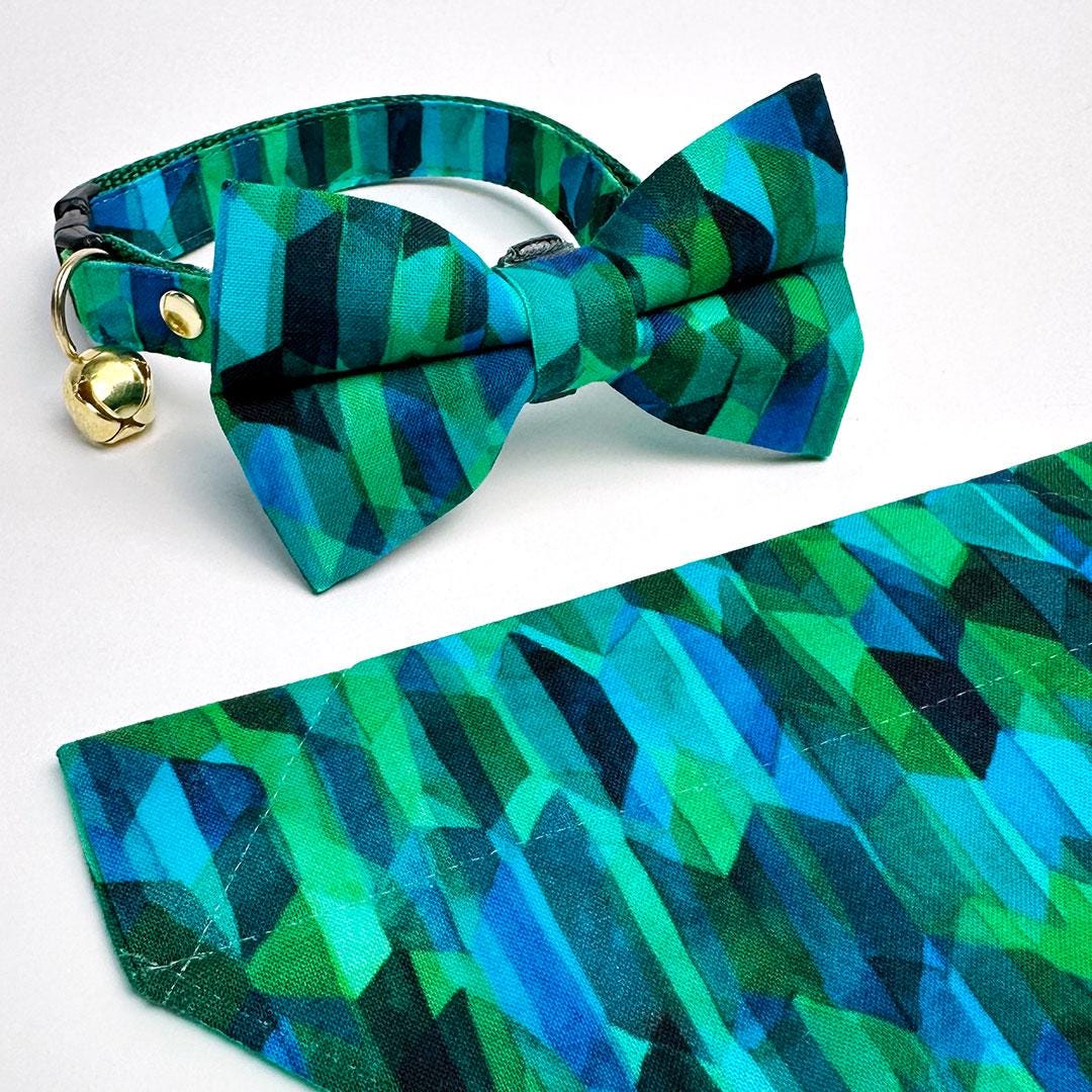 Cat Collar - Geometric Forest - Teal Blue & Green Cat Collar Breakaway Buckle or Non-Breakaway Cat, Kitten and Small Dog Sizes