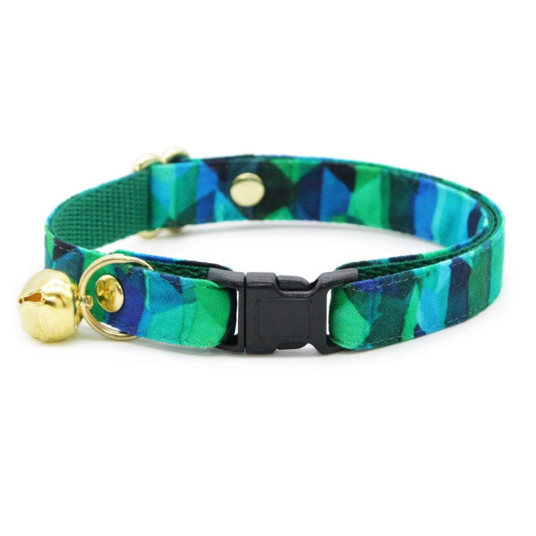 Cat Collar - Geometric Forest - Teal Blue & Green Cat Collar Breakaway Buckle or Non-Breakaway Cat, Kitten and Small Dog Sizes