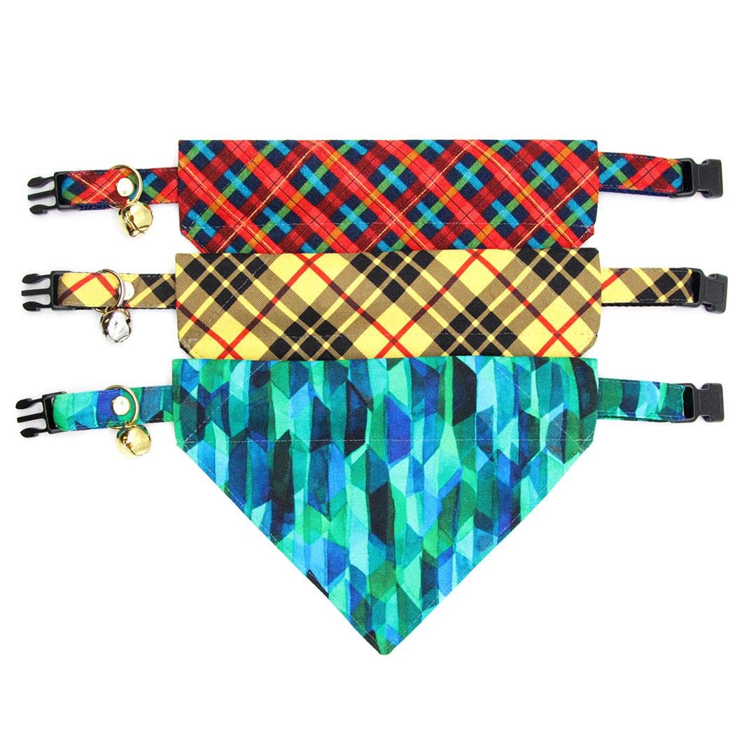 Cat Collar - Geometric Forest - Teal Blue & Green Cat Collar Breakaway Buckle or Non-Breakaway Cat, Kitten and Small Dog Sizes