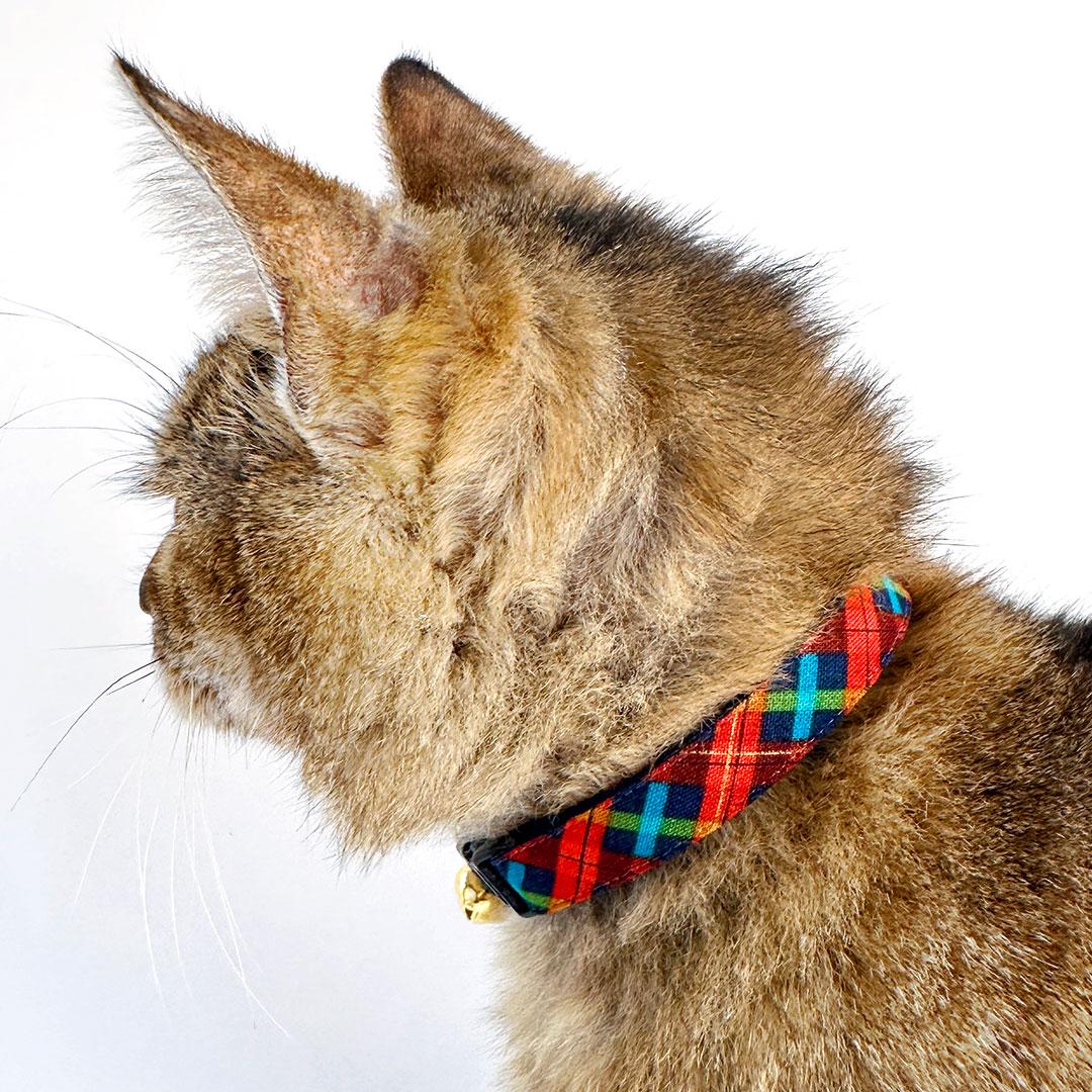 Cat Collar - Bonfire Blaze - Plaid Cat Collar Red, Green & Blue Plaid Winter and Fall Breakaway Buckle or Non-Breakaway Cat, Kitten and Small Dog Size