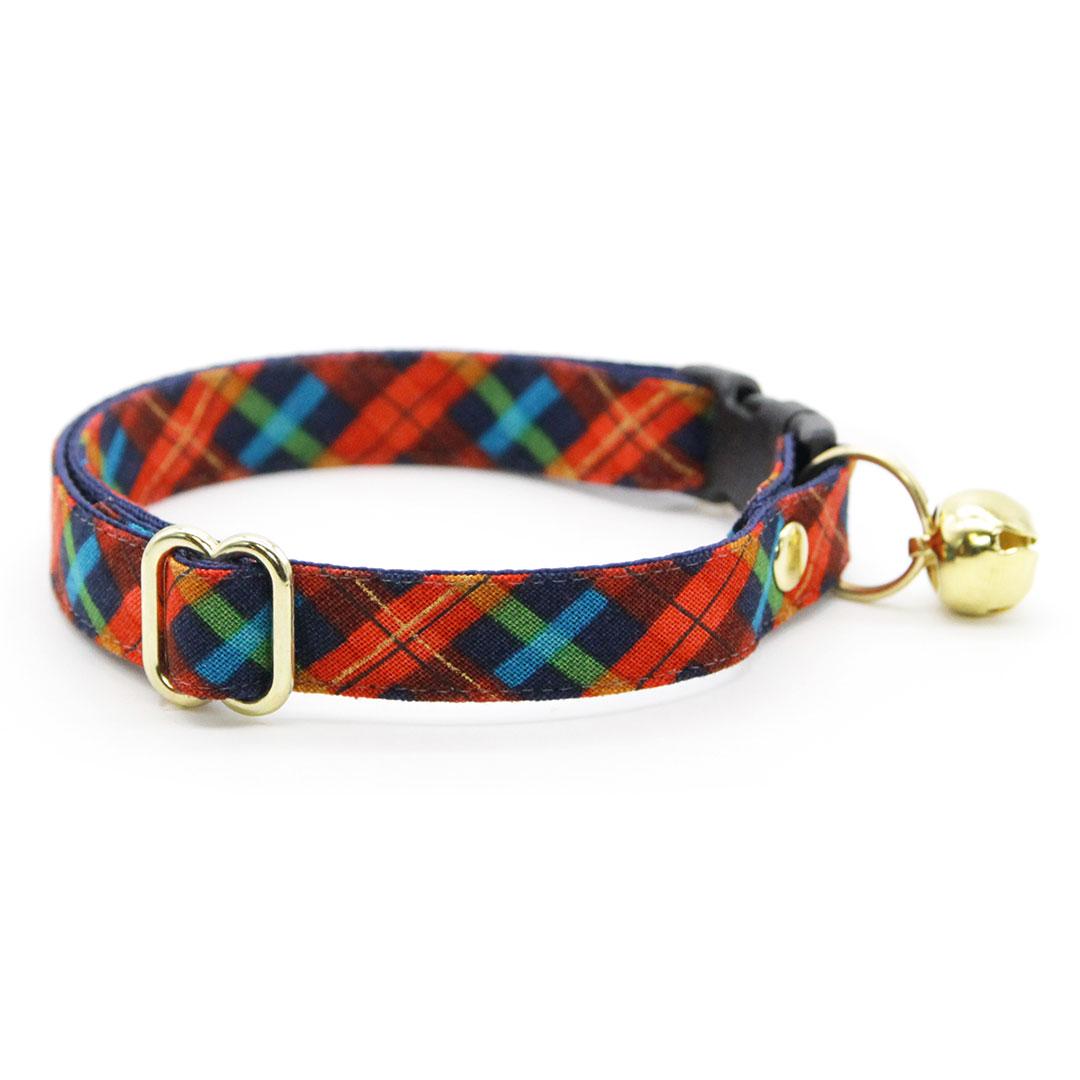 Cat Collar - Bonfire Blaze - Plaid Cat Collar Red, Green & Blue Plaid Winter and Fall Breakaway Buckle or Non-Breakaway Cat, Kitten and Small Dog Size