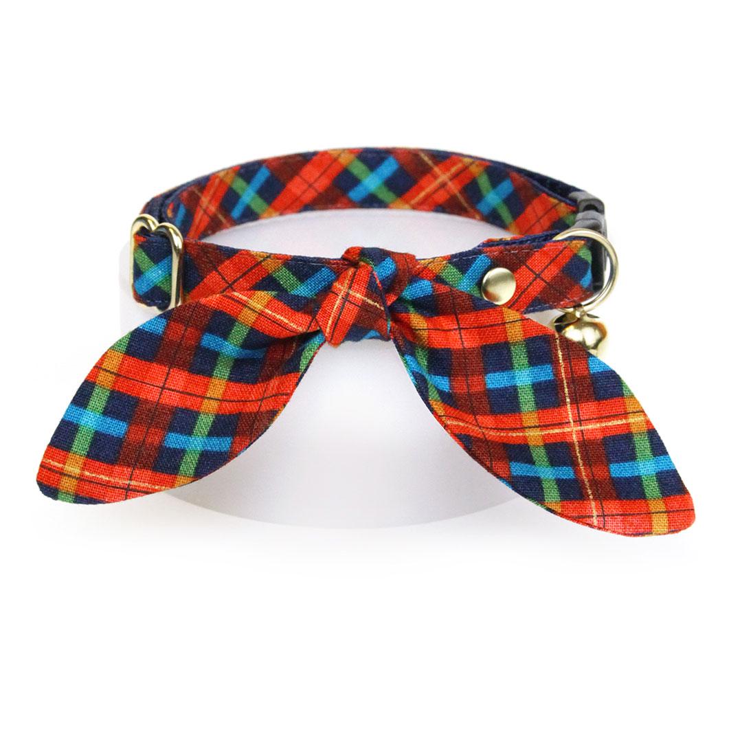 Cat Collar and Bunny Ear Bow Set - Bonfire Blaze - Red, Blue & Green Plaid Cat Collar w Matching Bunny Bow Tie Tie-On Scarf Cat, Kitten and Small Dog