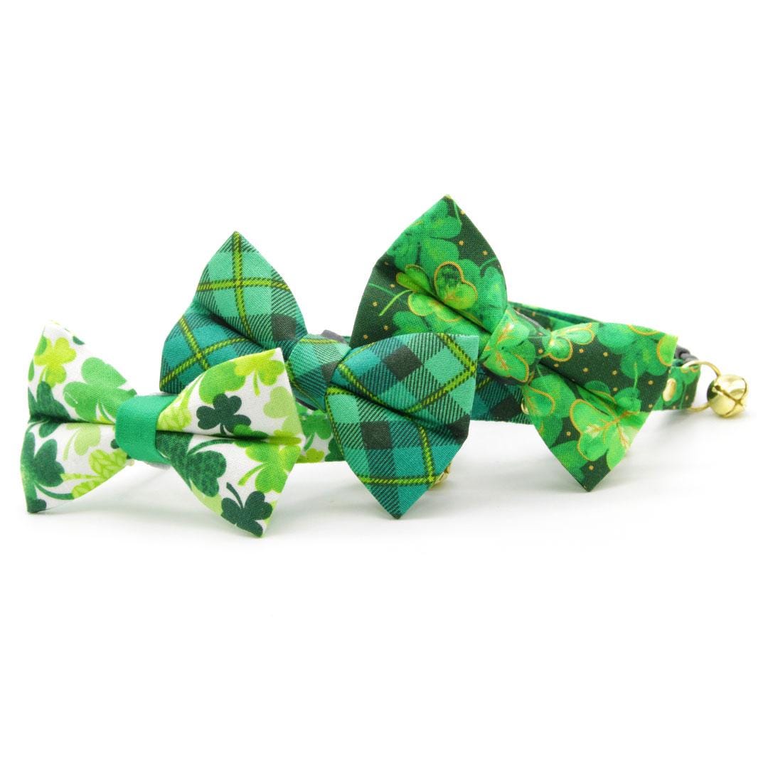 Cat Collar and Bunny Ear Bow Set - Shamrock Spirit - Green & White Clover Cat Collar w Matching Bunny Bow Tie St. Patrick's Day, Irish Tie-On Scarf Ca