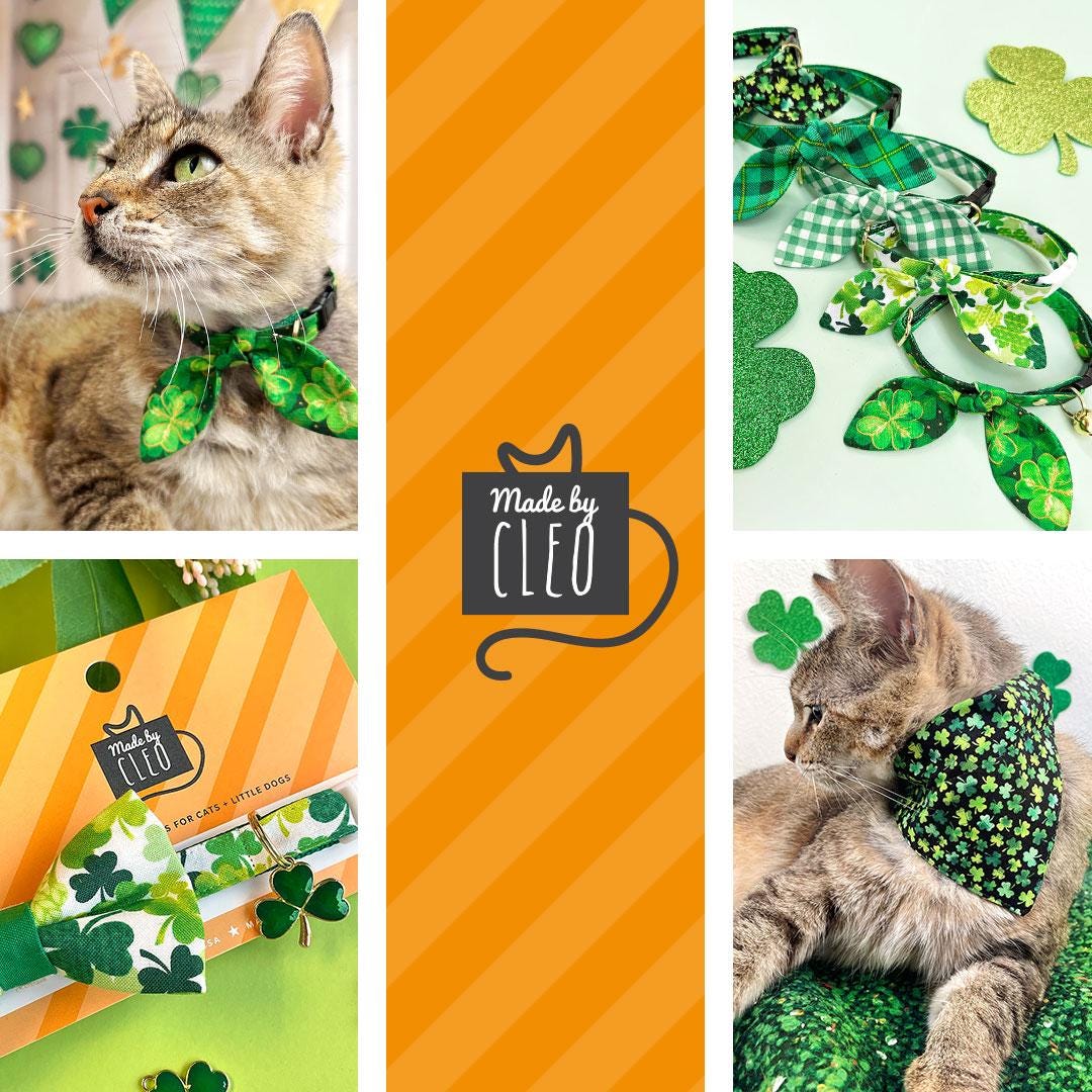 Cat Collar and Bunny Ear Bow Set - Shamrock Spirit - Green & White Clover Cat Collar w Matching Bunny Bow Tie St. Patrick's Day, Irish Tie-On Scarf Ca