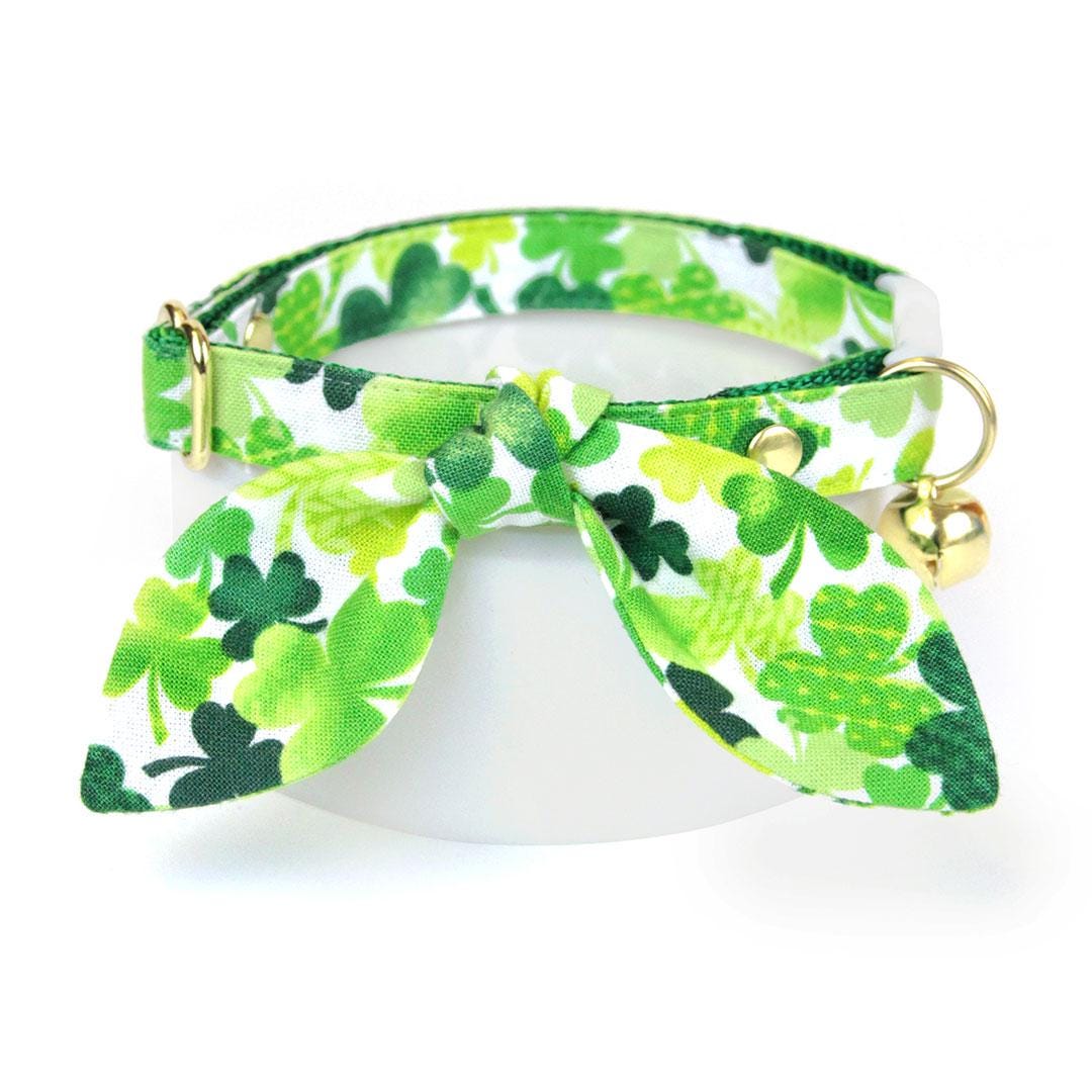 Cat Collar and Bunny Ear Bow Set - Shamrock Spirit - Green & White Clover Cat Collar w Matching Bunny Bow Tie St. Patrick's Day, Irish Tie-On Scarf Ca