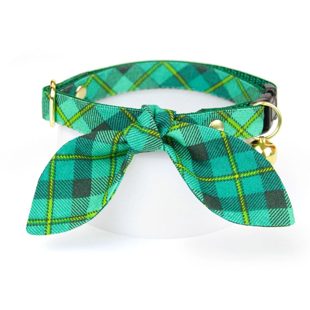Cat Collar and Bunny Ear Bow Set - Dublin - St. Patrick's Day Green Plaid Cat Collar w Matching Bunny Bow Tie Tie-On Scarf Cat, Kitten and Small Dog S