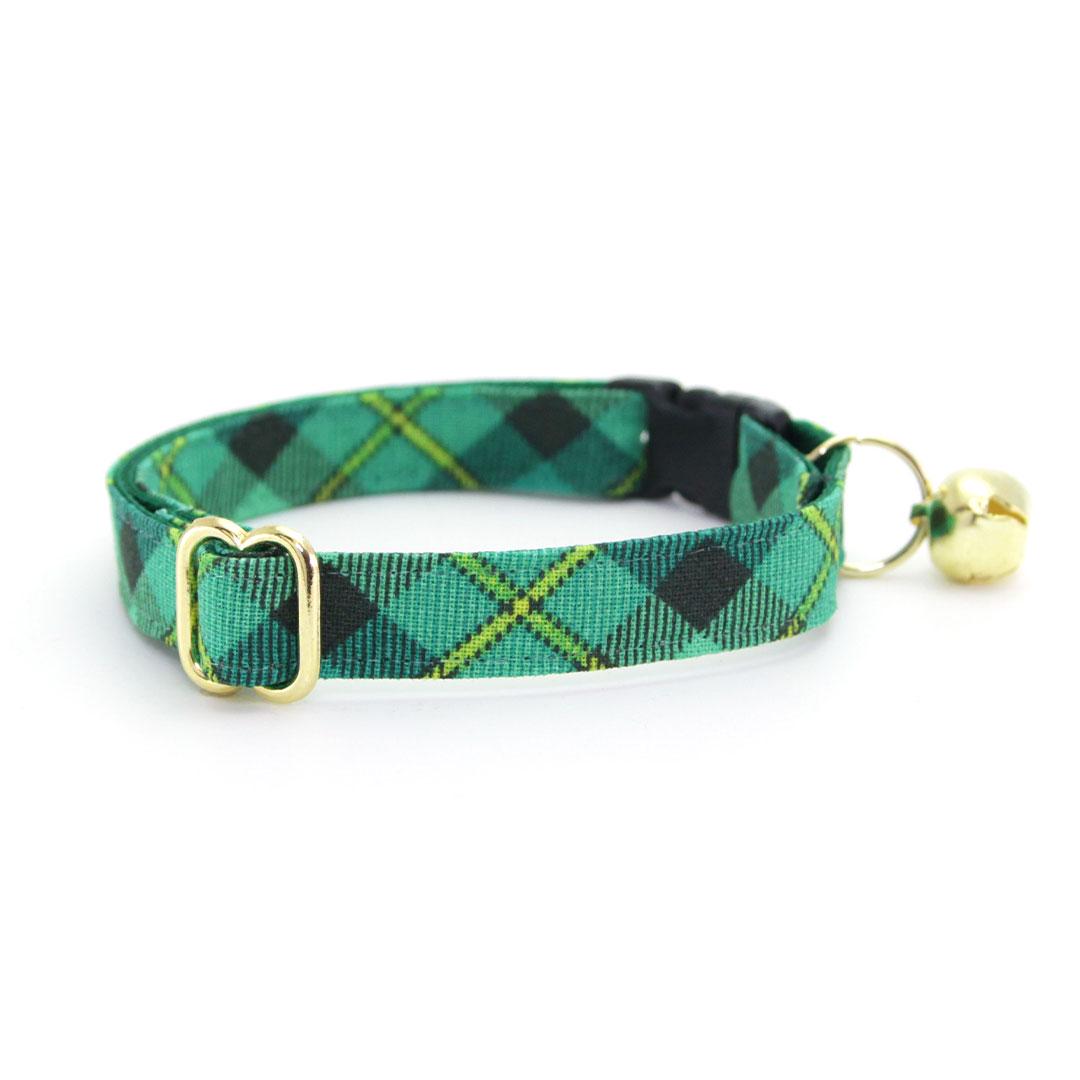 Cat Collar and Bunny Ear Bow Set - Dublin - St. Patrick's Day Green Plaid Cat Collar w Matching Bunny Bow Tie Tie-On Scarf Cat, Kitten and Small Dog S