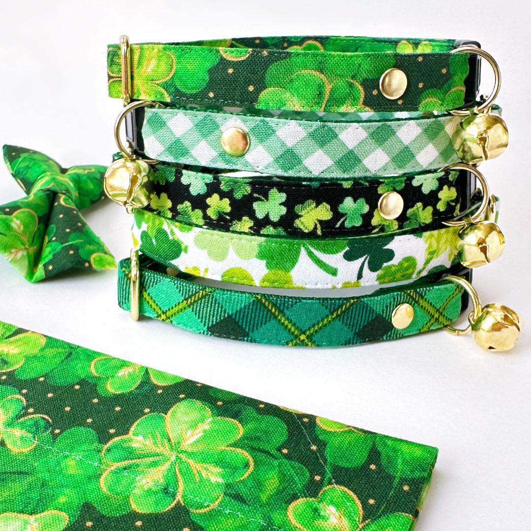 Cat Collar and Bunny Ear Bow Set - Dublin - St. Patrick's Day Green Plaid Cat Collar w Matching Bunny Bow Tie Tie-On Scarf Cat, Kitten and Small Dog S