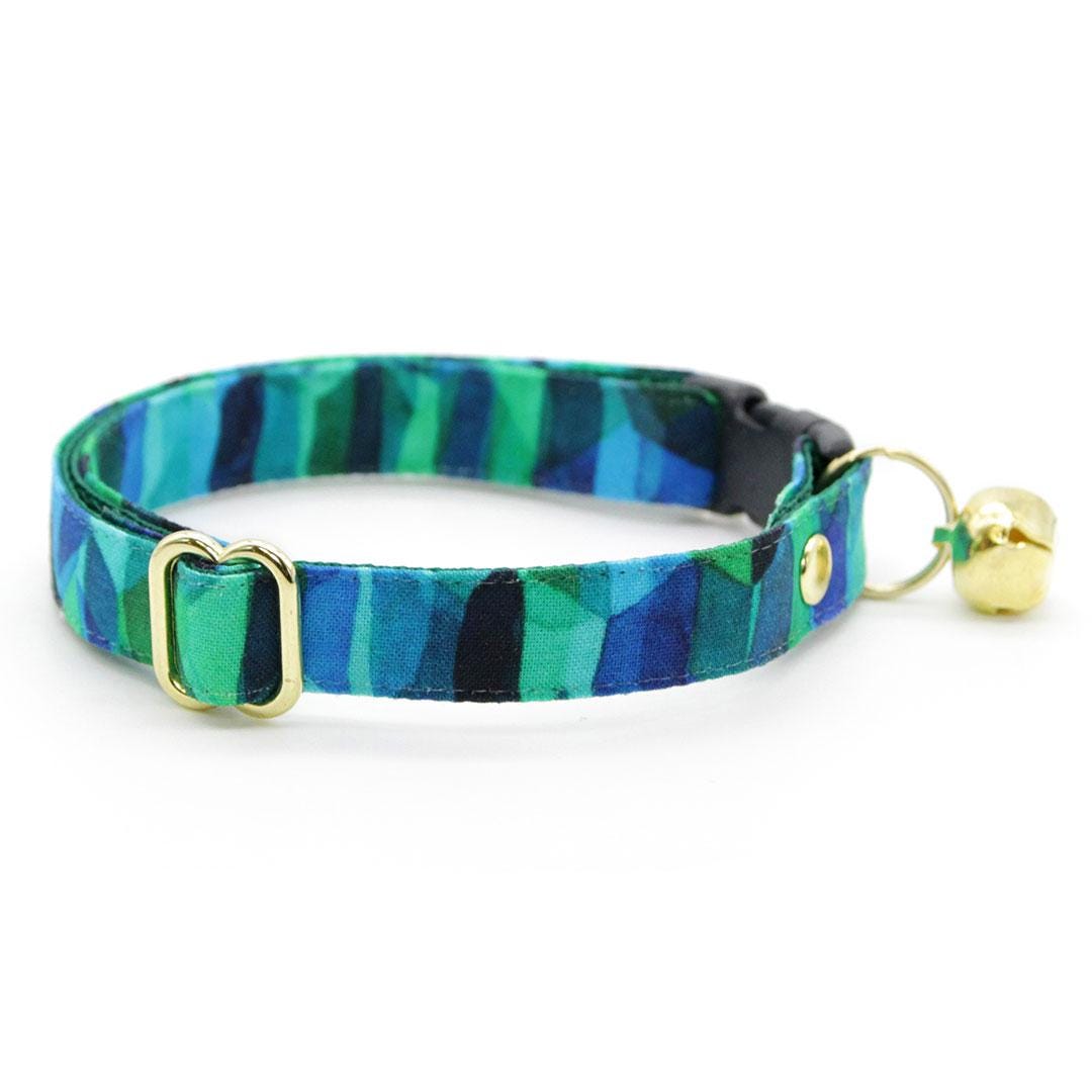 Cat Collar - Geometric Forest - Teal Blue & Green Cat Collar Breakaway Buckle or Non-Breakaway Cat, Kitten and Small Dog Sizes
