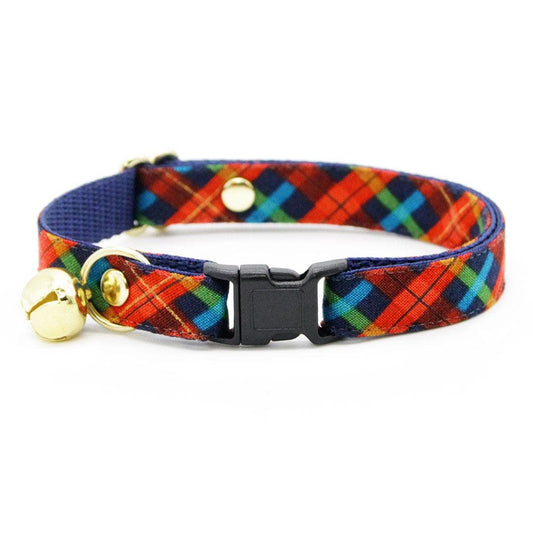 Cat Collar - Bonfire Blaze - Plaid Cat Collar Red, Green & Blue Plaid Winter and Fall Breakaway Buckle or Non-Breakaway Cat, Kitten and Small Dog Size