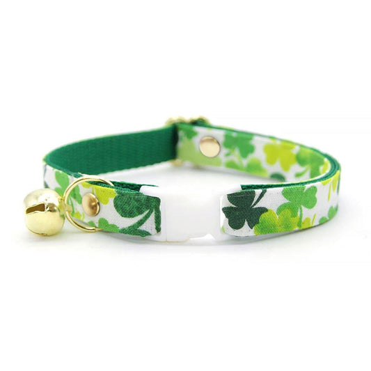 Cat Collar and Bunny Ear Bow Set - Shamrock Spirit - Green & White Clover Cat Collar w Matching Bunny Bow Tie St. Patrick's Day, Irish Tie-On Scarf Ca