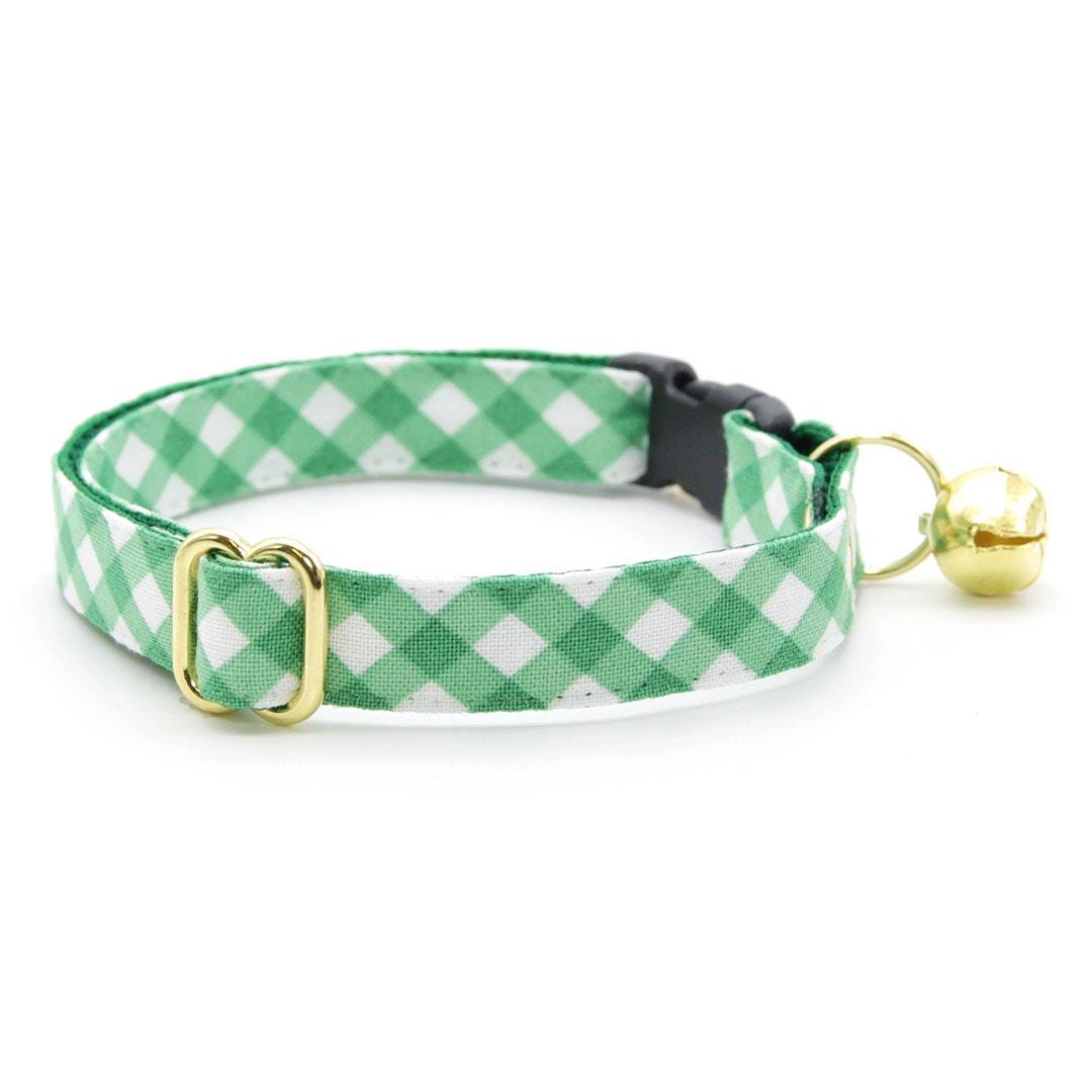 Cat Collar and Bunny Ear Bow Set - Derby - Green Plaid Gingham Cat Collar w Matching Bunny Bow Tie St. Patrick's Day, Spring, Easter, Wedding Tie-On S
