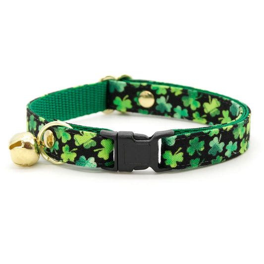 Cat Collar and Bunny Ear Bow Set - Lucky Charmer - Black & Green Shamrock Cat Collar w Matching Bunny Bow Tie St. Patrick's Day Tie-On Scarf Cat, Kitt