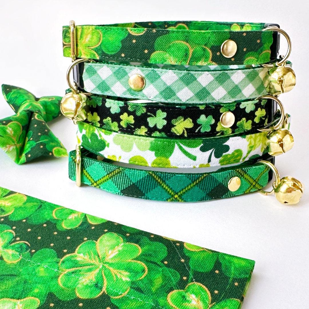 Cat Collar and Bunny Ear Bow Set - Shamrock Spirit - Green & White Clover Cat Collar w Matching Bunny Bow Tie St. Patrick's Day, Irish Tie-On Scarf Ca